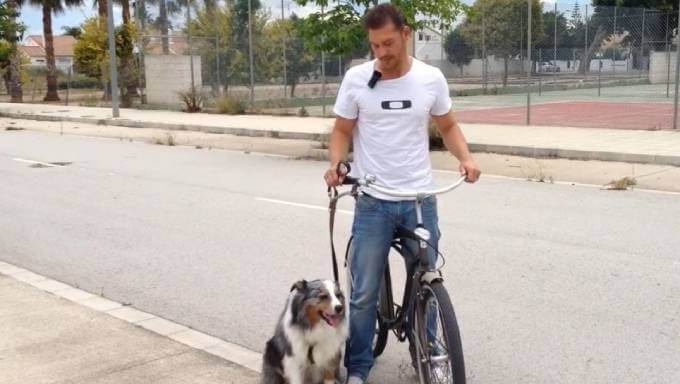 Собака и хозяин на велосипеде